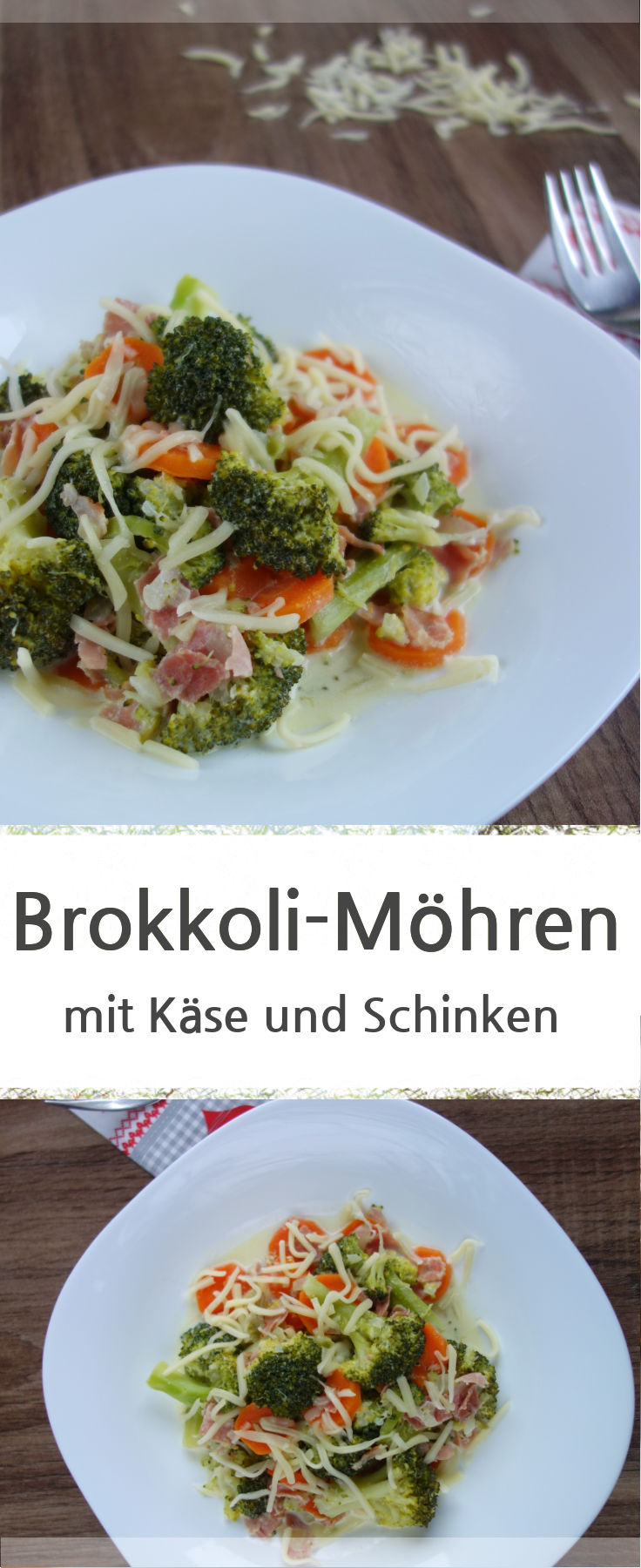 Rezept für ein leckeres Brokkoli-Gemüse-Möhren mit gedünsteten Zwiebeln und Schinken. Dazu mit Käse bestreut.