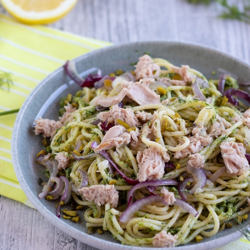 Thunfisch mit Dillpesto und Spaghetti, meinestube