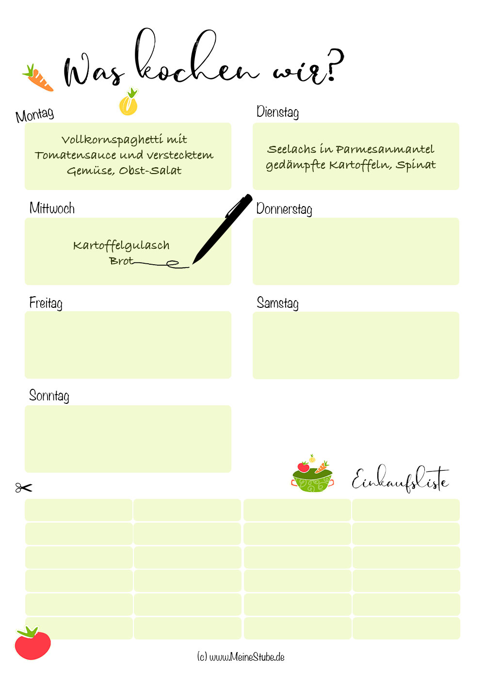 Wochenplan mit Rezepten, meinestube