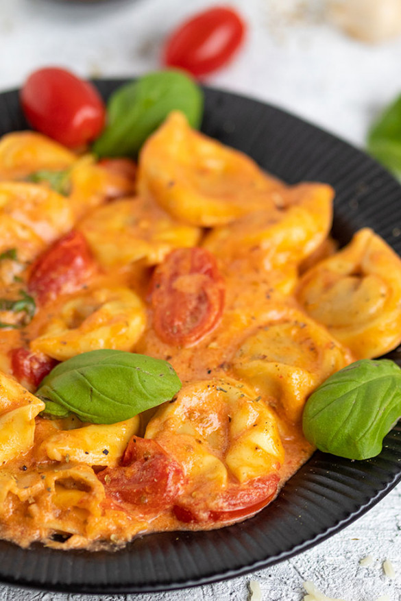 Tortellini mit Tomaten-Sahnesoße, Käse und Basilikum - Meinestube