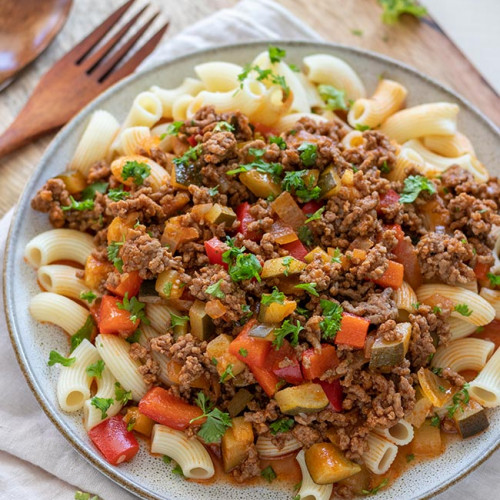 Zucchini Hackfleisch Pfanne mit Nudeln, meinestube