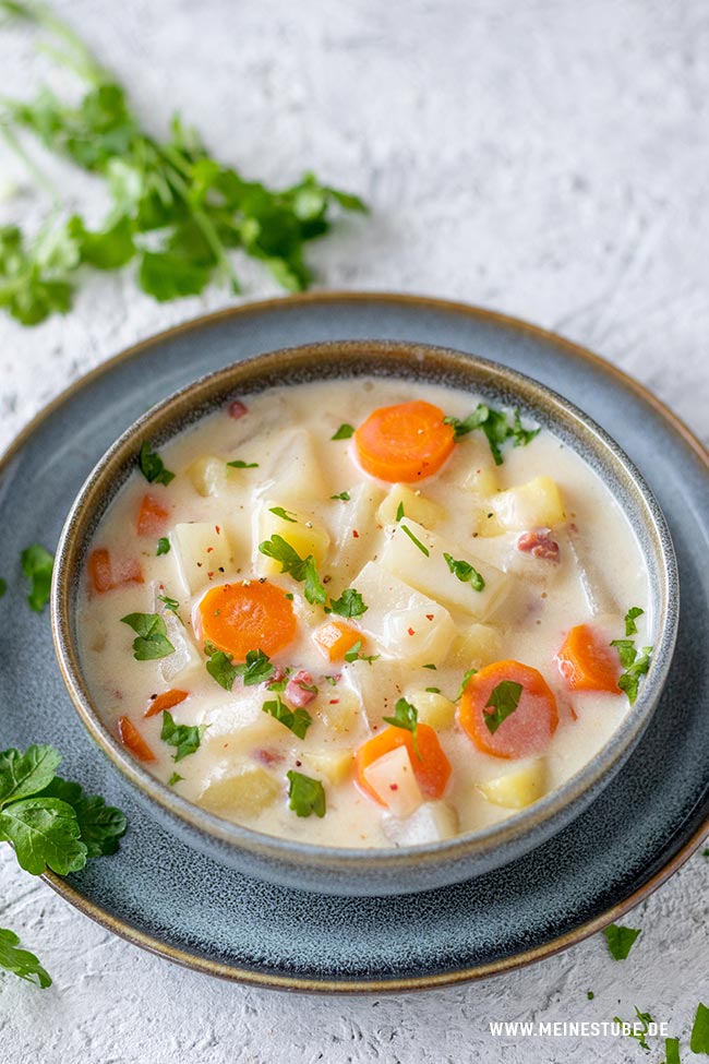 Kohlrabi-Eintopf mit Kartoffeln, Möhren und Schinkenwürfel - Meinestube