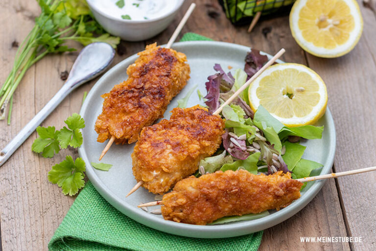 Hähnchen Grillspieße mit Cornflakes Panade - Meinestube