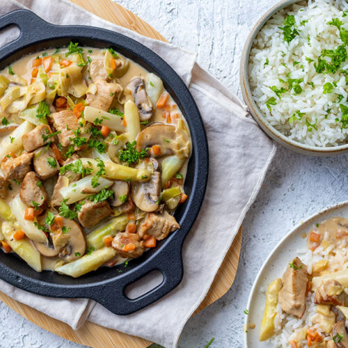 Spargelfrikassee mit Schweinefilet, meinestube